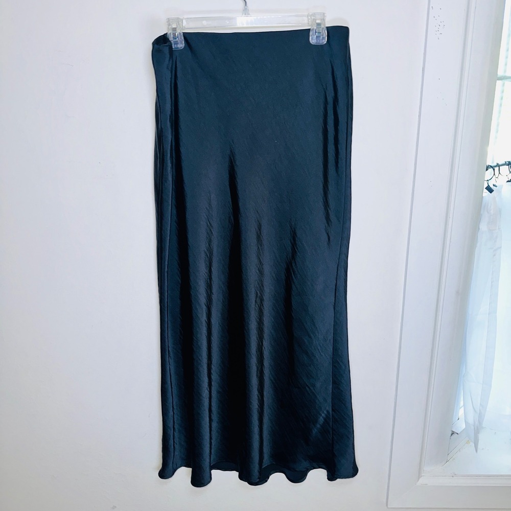 Black Satin Midi Slip Skirt Elastic Waist Size L